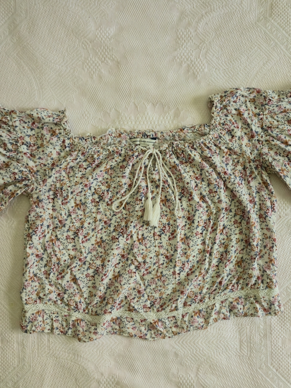 Floral Off-Shoulder Peasant Top - Cream Pink Blue Floral Cottagecore Size XS